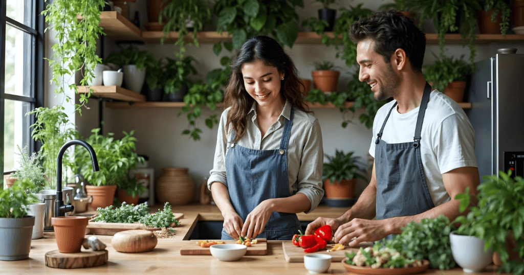 A couple cooks together in a bright, plant-filled kitchen, symbolizing how safe relationships can grow through trust, care, and shared moments without fear of hidden landmines.