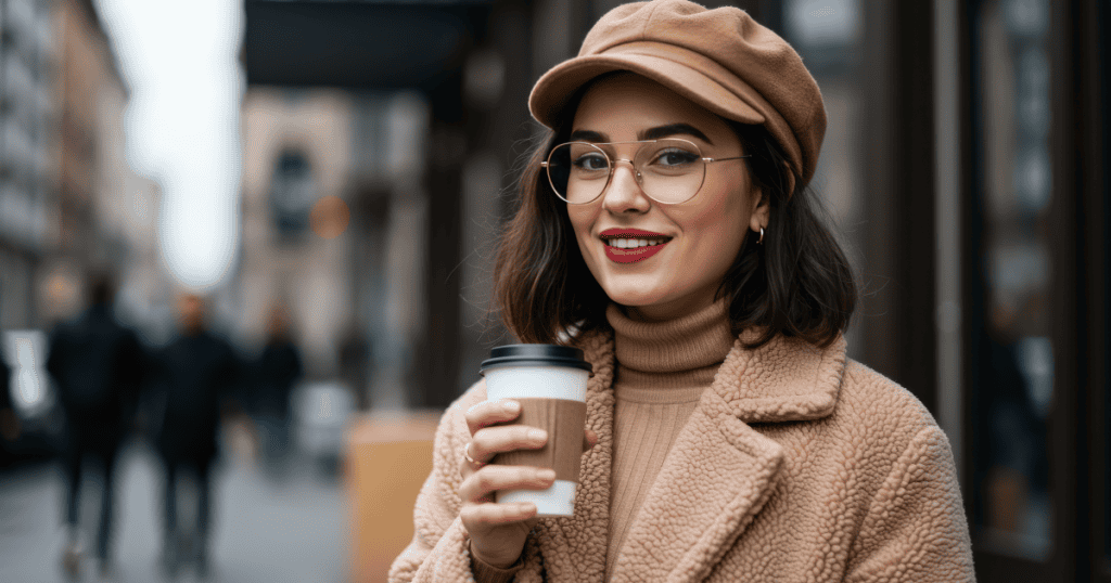A stylish woman confidently sipping coffee in the city, representing the calm strength that comes from no longer feeding a narcissist’s ego.