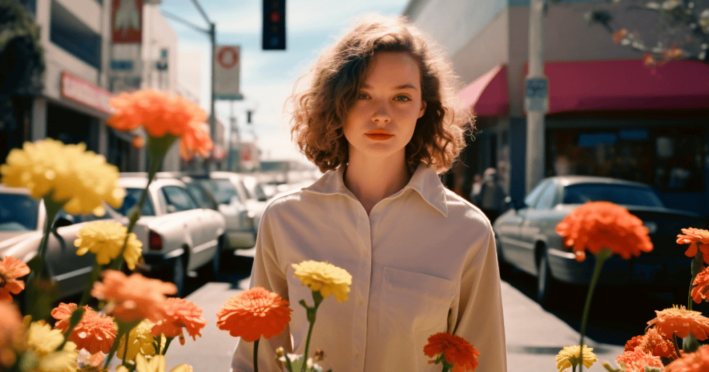 A young woman standing among vibrant flowers on a city street, symbolizing the clarity and strength of truth-tellers who see through narcissists’ illusions.
