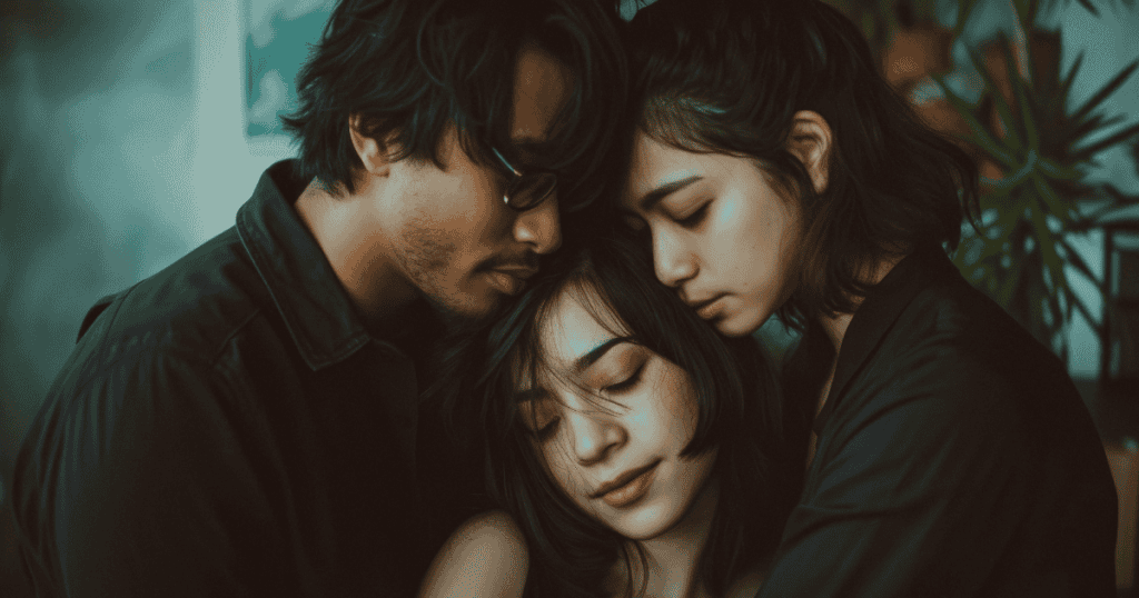 Three people embrace closely with their eyes closed, suggesting an intimate connection that could hint at hidden romantic entanglements.
