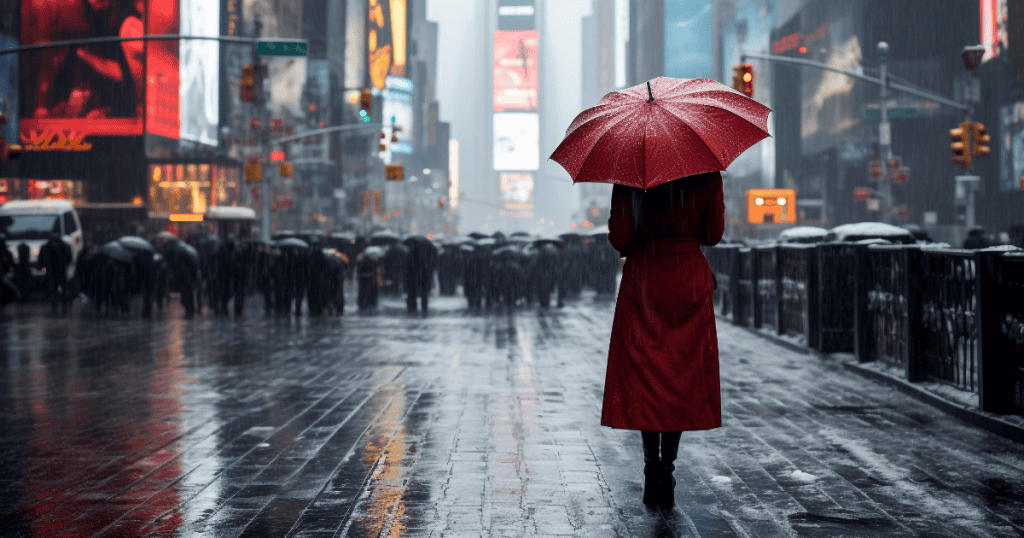 A woman stands alone in the rain with a red umbrella, facing a crowd on a city street, symbolizing the strength and strategy needed to confront a narcissist.