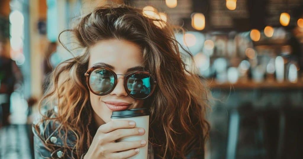 a curly brown hair woman wearing sunglasses sitting in a cool cafe holding her coffee smiling looking confident.