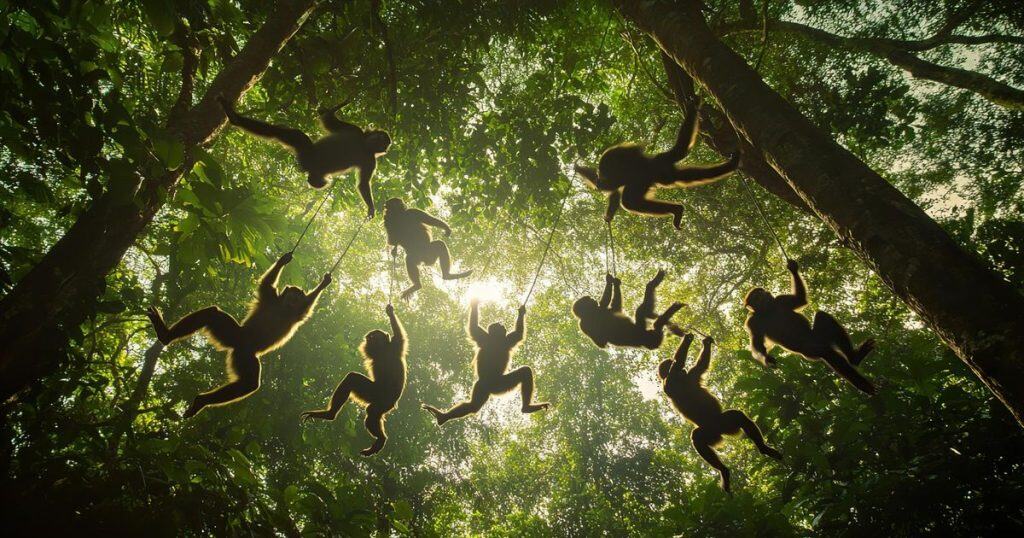 monkeys flying in a green forest full of sunshine.