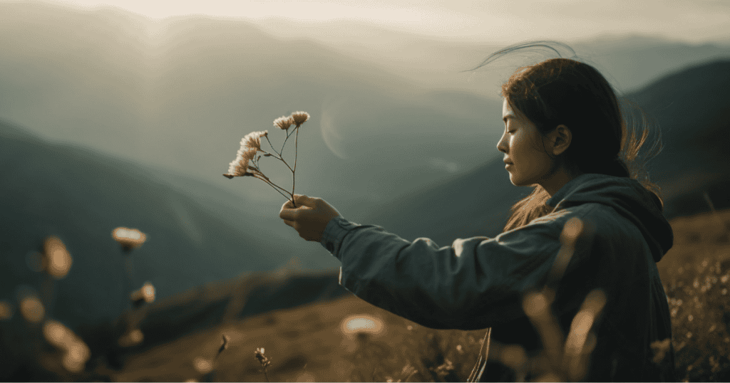 A woman holds a small flower while standing on a mountain at sunset, symbolizing how forgiveness doesn’t mean reconciliation but rather choosing peace without granting narcissists reentry into her life.