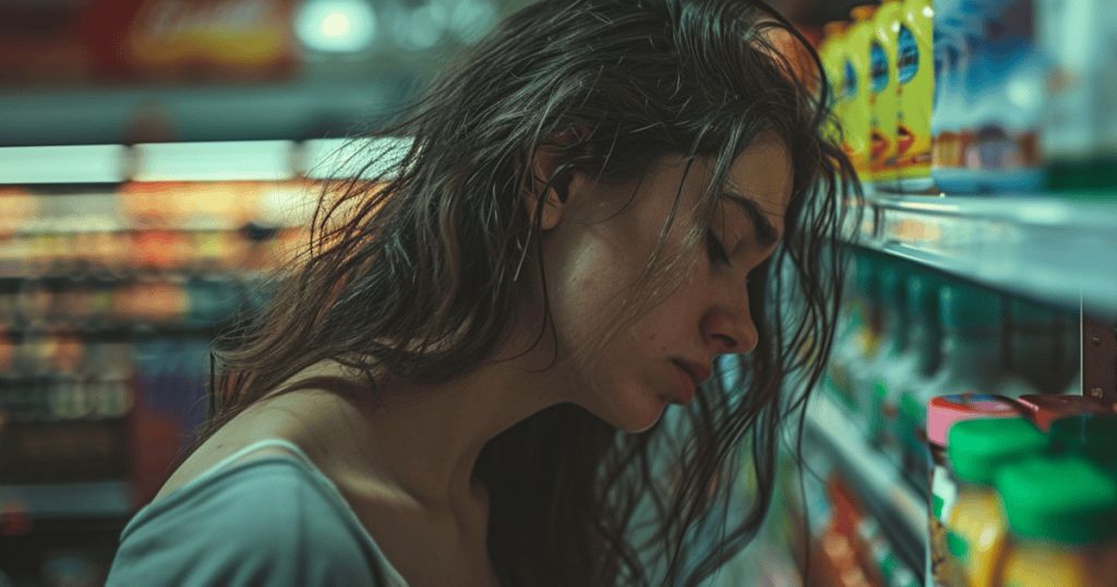 A distressed woman leaning her head against a store shelf, representing the heavy weight of guilt when used as a narcissistโs control tactic.