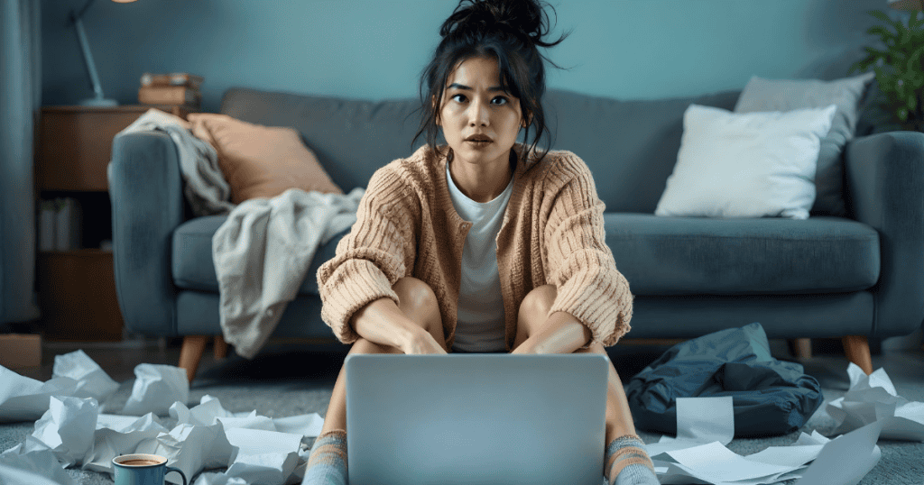 A woman surrounded by scattered papers and her laptop reflects the power of documenting her way out of narcissistic abuse and starving the narcissist of supply.