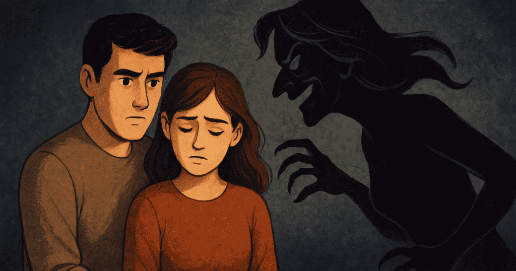 An illustration shows a worried couple standing together while a dark shadowy figure looms menacingly behind them, symbolizing how narcissists plant emotional landmines that can sabotage future relationships.
