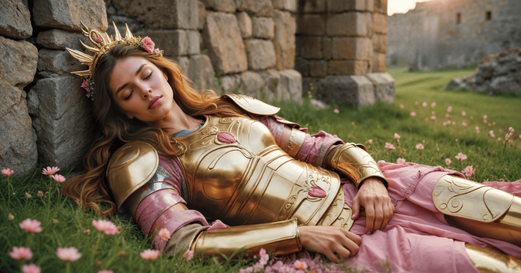 A woman in golden armor and a crown rests peacefully against a stone wall, symbolizing the calm confidence of upsetting narcissists without losing your peace.