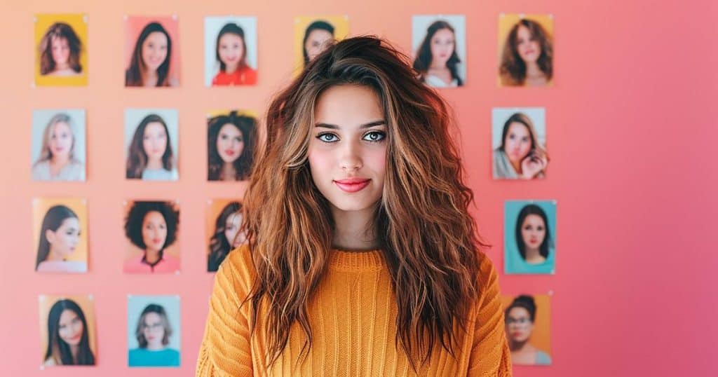 curly hair woman standing looking mysterious, behind her is a bunch of photos of woman on a pink wall.