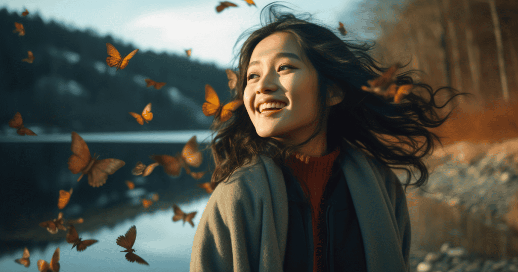 A smiling woman stands confidently by a lake surrounded by fluttering butterflies, representing the joy and freedom that come from reclaiming power and doing what narcissists fear.