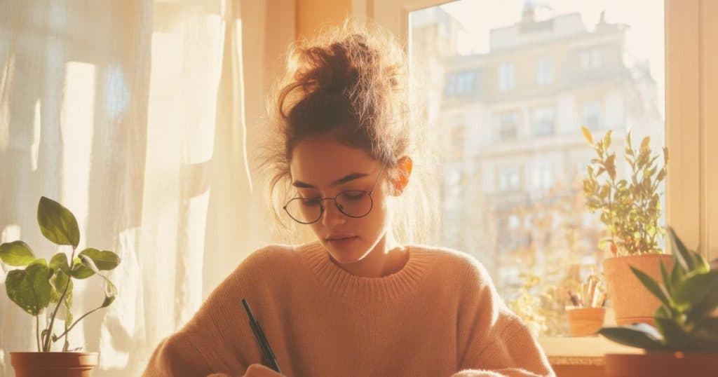 a woman with her hair in a messy bun with a pink sweater sitting in her sunny living room near a big window writing in her journal in the early morning.
