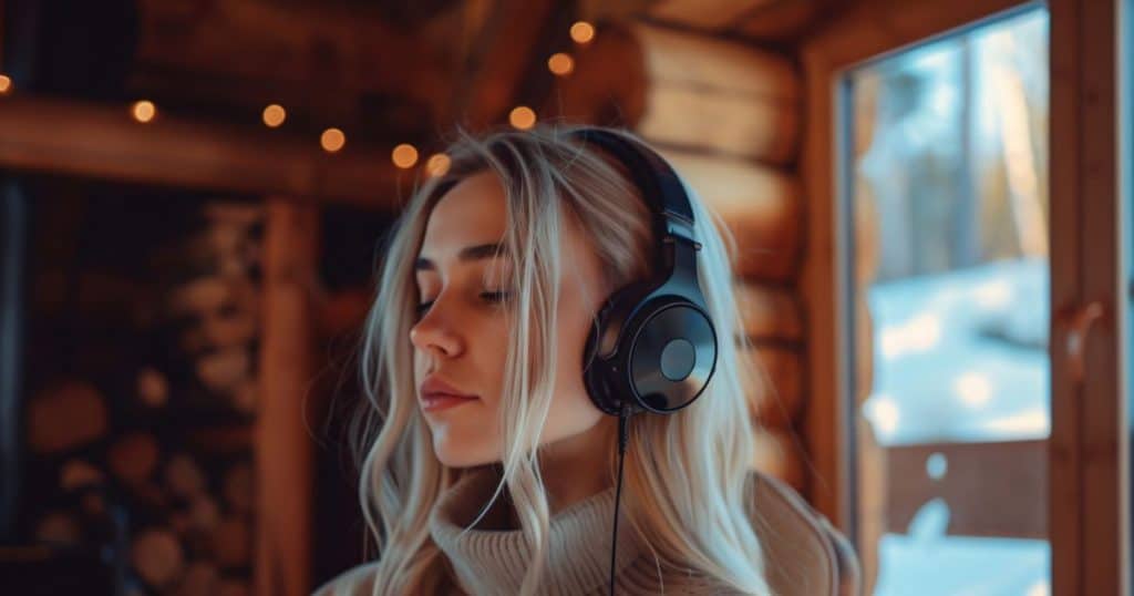 a woman sitting in her cozy living room wearing a headphone listening to music looking calm and peaceful during winter season.