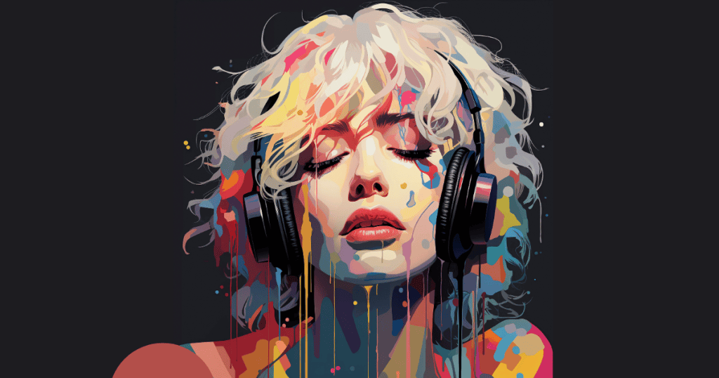 A colorful digital painting of a woman with headphones and closed eyes, paired with the idea of stopping the cycle of replaying conversations with narcissists.