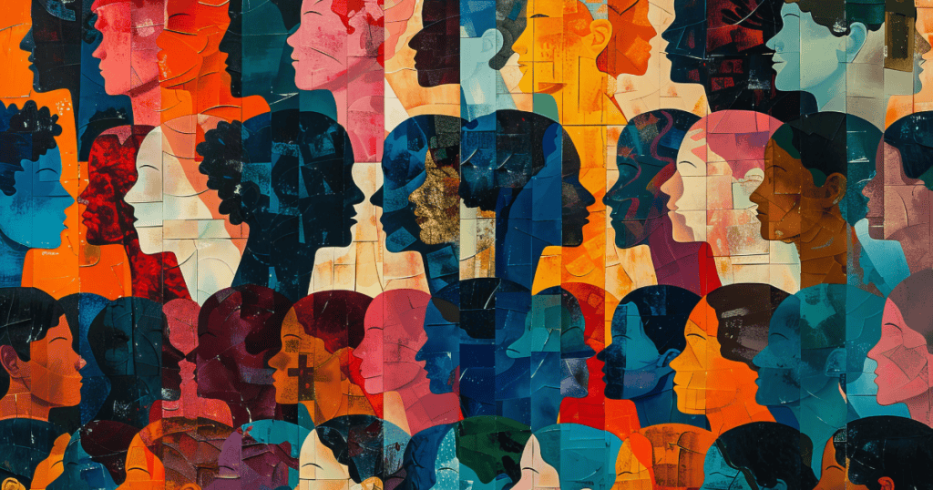 A colorful abstract mural shows overlapping human silhouettes in profile, representing how society shields toxic families while muting the voices of those who break free.