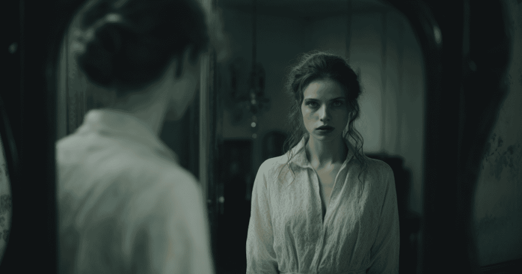A woman stares intensely at her reflection in a dimly lit mirror, symbolizing the harsh and unsettling truths about narcissists that many wish they had known earlier.