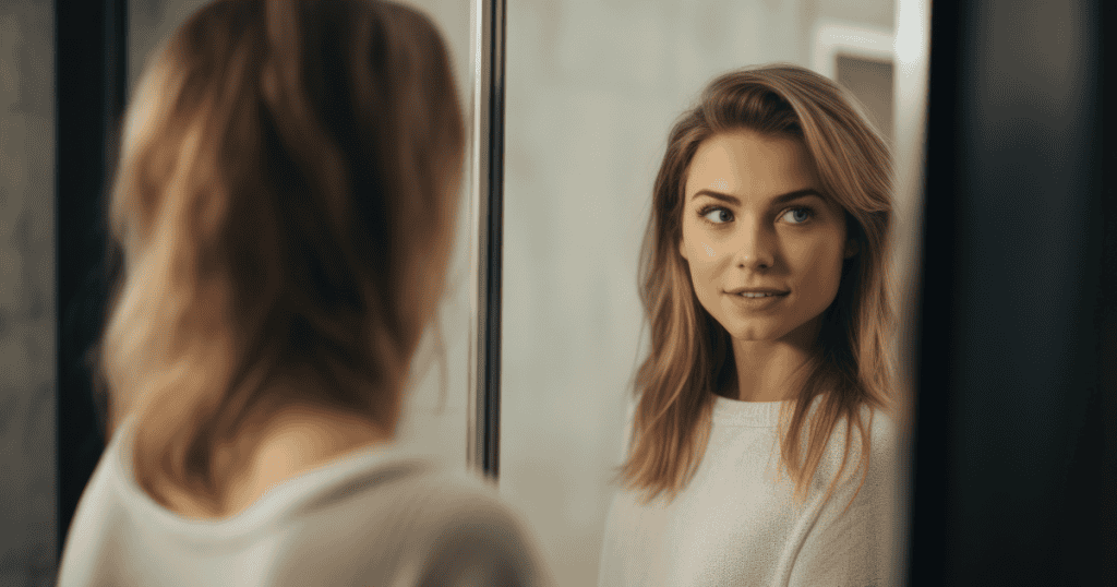 A woman gazes at her reflection in the mirror with a calm, confident expression, representing the self-assured forgiveness moves that defy narcissists’ expectations.