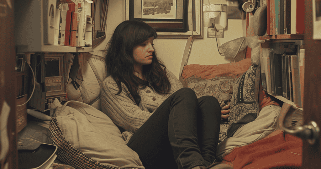 A woman sits curled up in a small, cluttered room with a pensive expression, reflecting the struggle of distinguishing between healthy and unhealthy guilt.