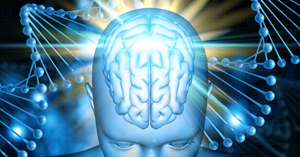 A digital illustration of a glowing human brain with bright light radiating outward, surrounded by DNA strands, symbolizing the neurological chaos that occurs inside a narcissist’s brain during episodes of rage and why it poses real danger.