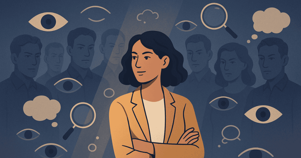 An illustrated woman stands confidently with folded arms surrounded by eyes and magnifying glasses, symbolizing how narcissists observe others and how awareness lets survivors read them back.