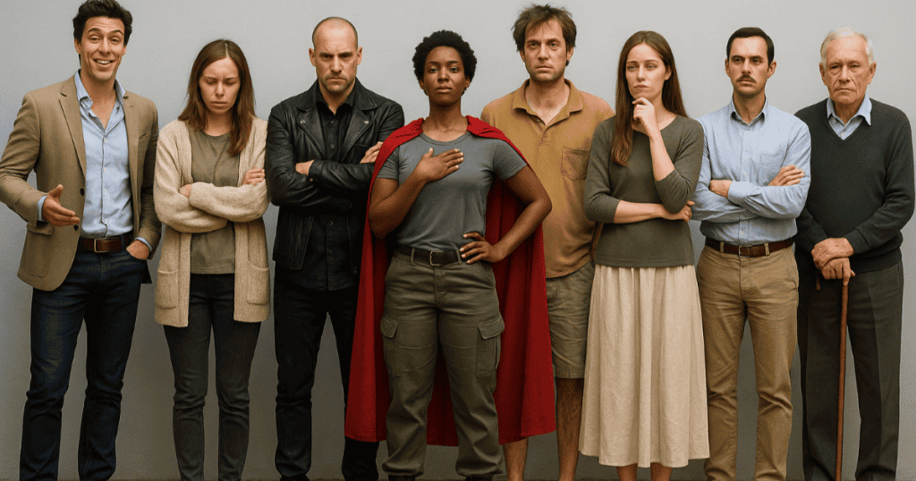 Eight people stand side by side, each embodying a different type of narcissist, representing the red flags that reveal them.