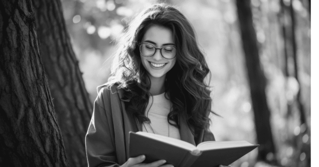 A smiling woman reads a book outdoors, symbolizing how positive psychology findings can help rebuild life after narcissists.
