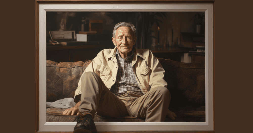 An older man sits confidently on a couch with a framed backdrop, symbolizing a benign narcissistic uncle who daydreams of being the center of attention.