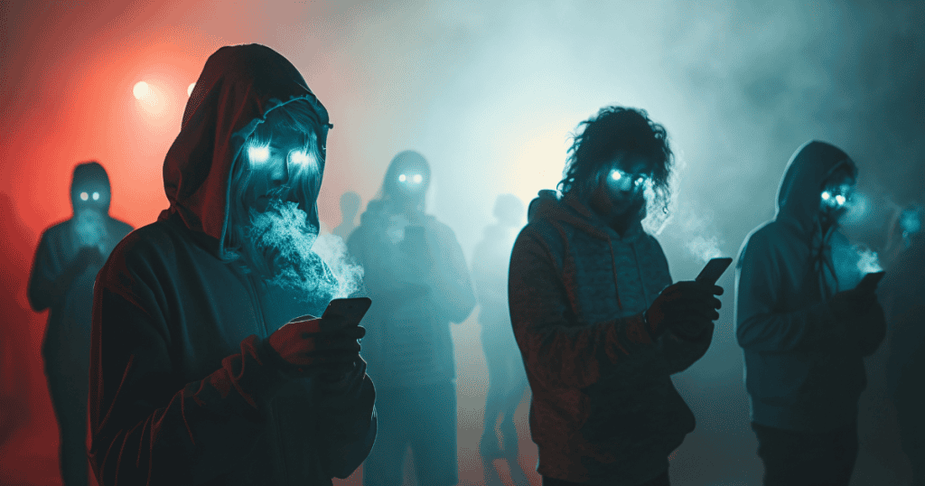 A surreal scene of hooded figures with glowing eyes staring at their phones in a haze, symbolizing how narcissists seek control and dominance, not genuine connection.