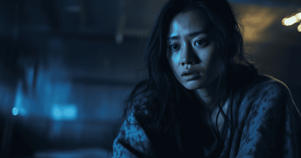 A distressed woman with long dark hair sits in dim blue light, symbolizing the covert or vulnerable narcissist who hides control behind victimhood.