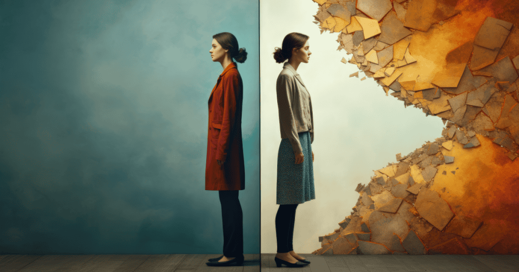 Two women stand facing each other, one in a red coat against a calm blue background and the other in neutral tones beside a crumbling wall, symbolizing the contrast between empathy and exploitation in narcissism.