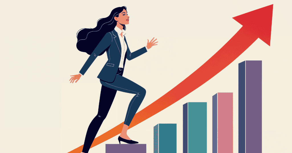 An illustration shows a confident woman climbing upward steps beside a rising arrow, symbolizing focusing on personal growth instead of a narcissist’s faults.