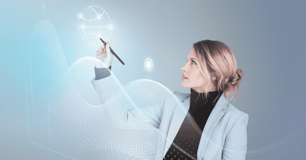 A woman in a blazer uses a stylus to interact with glowing digital patterns on a screen, symbolizing the shift from prey to a pattern reader.