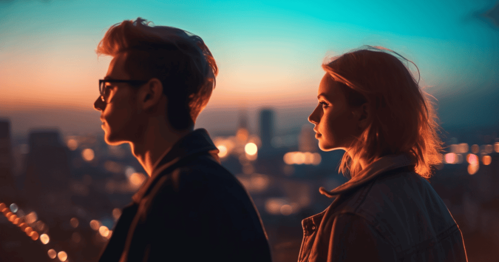A woman looks at a man during sunset, symbolizing how narcissists disguise gaslighting as growth.