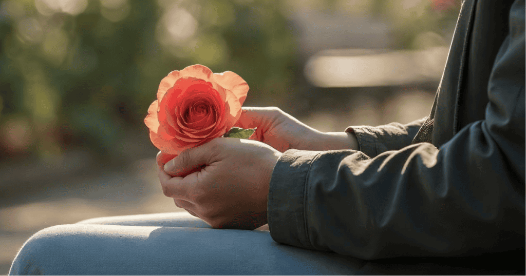 A person gently holds a single rose in their hands, symbolizing how gratitude can serve as a real antidepressant after life with a narcissist.