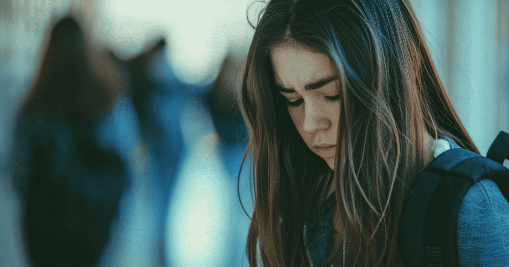 A young woman looks down with guilt and sadness, representing the struggle survivors face when trying to separate guilt from growth and accept healthy narcissism.