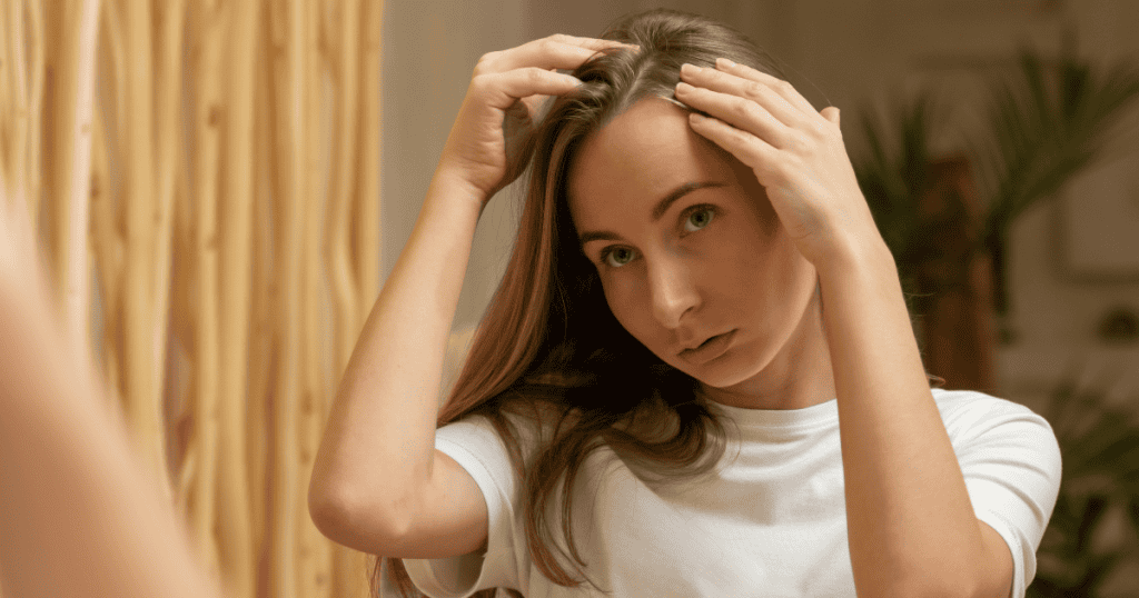 A woman looks closely at her hair in the mirror, checking for thinning or hair loss caused by narcissists.