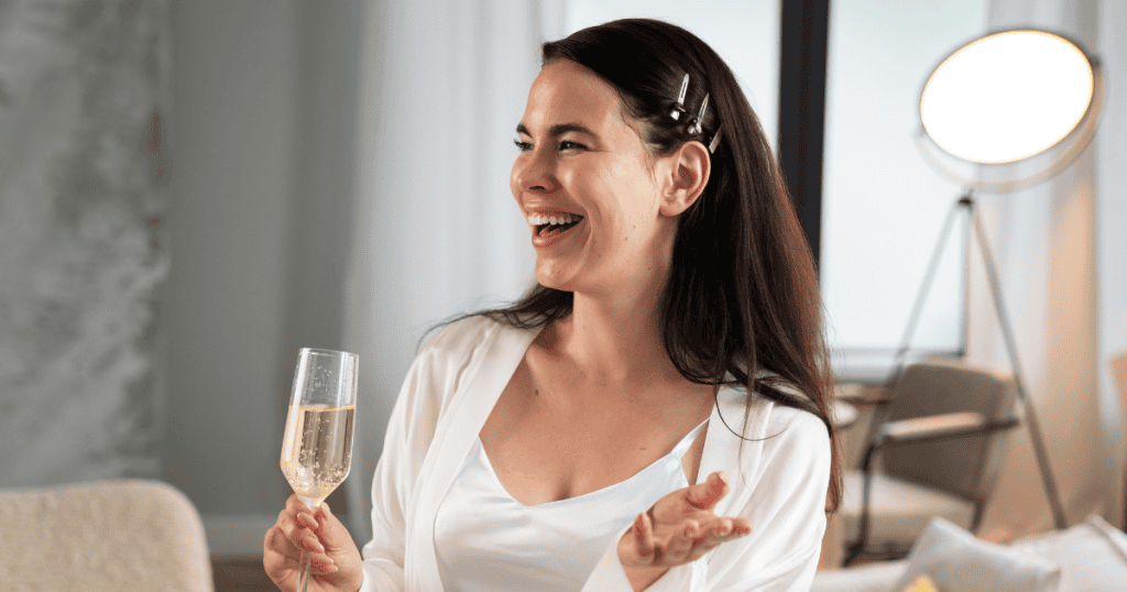 A smiling woman holds a glass of champagne while laughing in a bright room, symbolizing how peace is your strength when hate is the narcissist’s weapon.