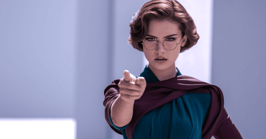 A confident woman in glasses points directly forward, representing the strength survivors gain by recognizing the truths about narcissists and turning them into personal power.