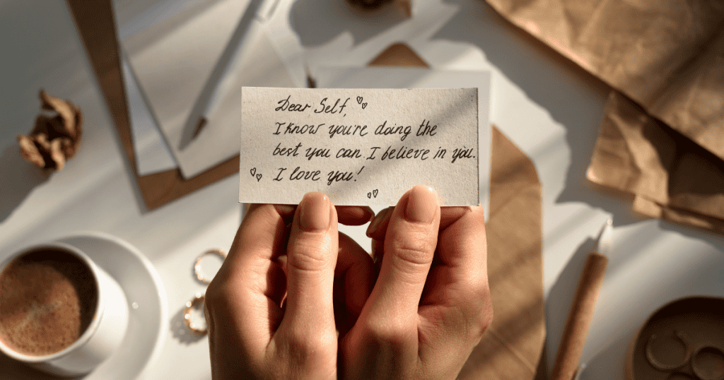 A person holds a handwritten note of self-love and encouragement, symbolizing how to practice healthy narcissism without crossing the line.