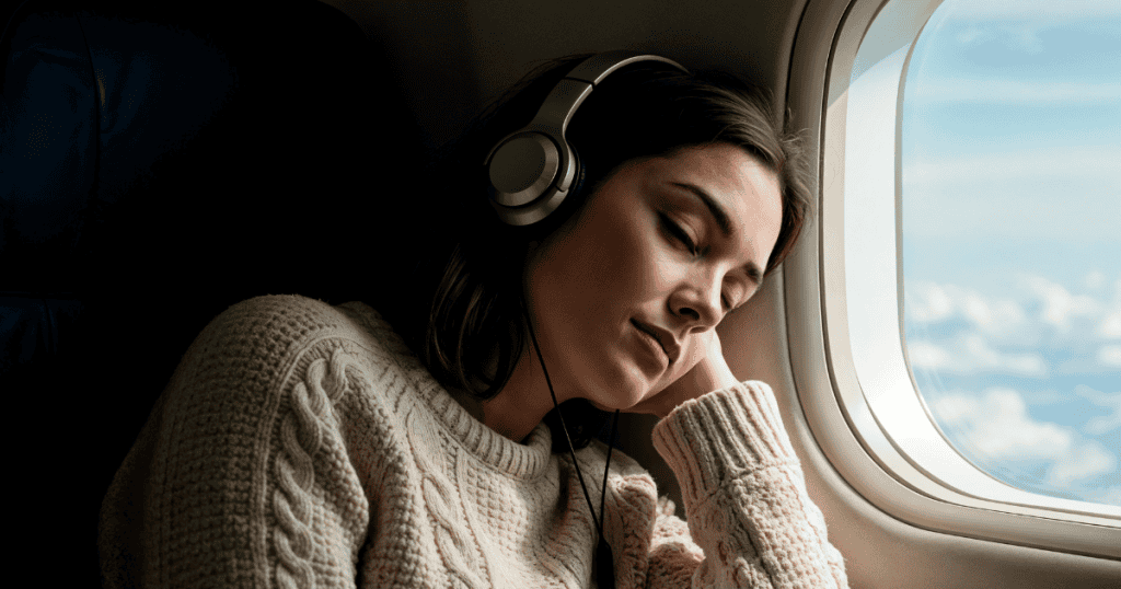 A woman wearing headphones rests against an airplane window, symbolizing how the podcasts and audiobooks you listen to shape your identity after narcissistic abuse.
