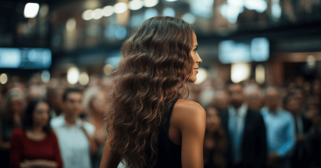 A woman with long wavy hair stands confidently in front of a blurred crowd, symbolizing the power of keeping your best self in the presence of those who may try to undermine you.