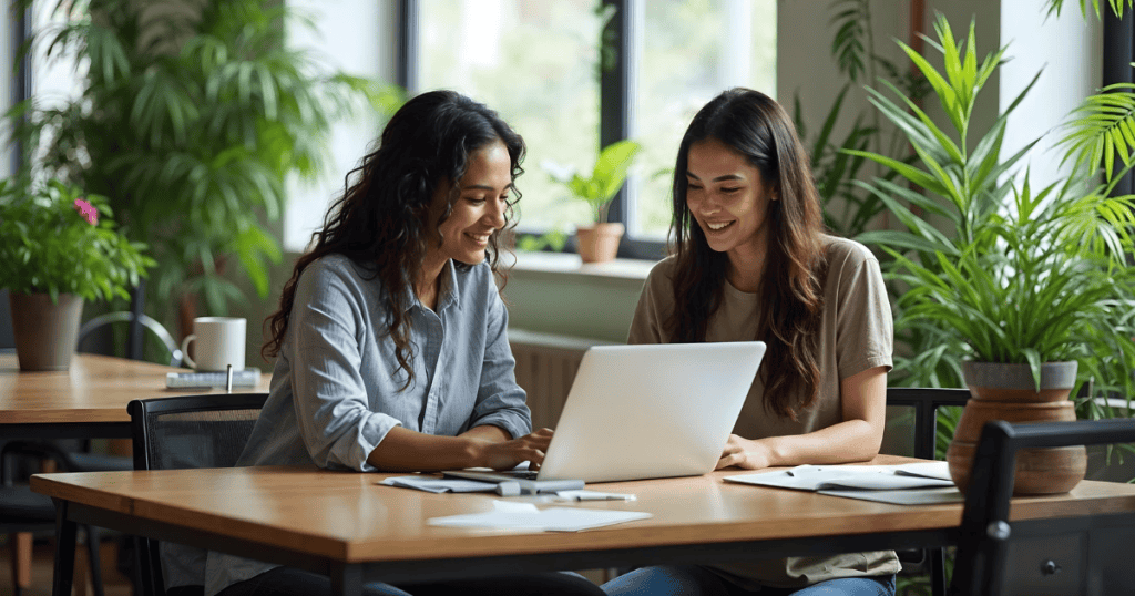 Two women smile while working together on a laptop, symbolizing how finding meaning in helping others, like guiding a younger cousin with her college application—outweighs temporary pleasure.