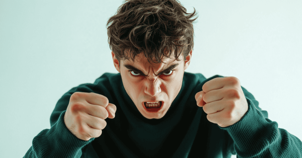 An angry man shouting with clenched fists, representing a narcissist’s explosive outburst when they lose control and patience only fuels their rage cycle.