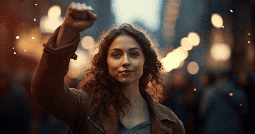 A confident woman raises her fist in determination, symbolizing pride in progress and how healthy narcissism can fuel healing and self-growth.