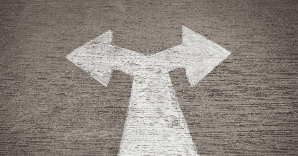 A white arrow painted on pavement splits into left and right directions, representing the challenge of relearning which guilt signals to trust.