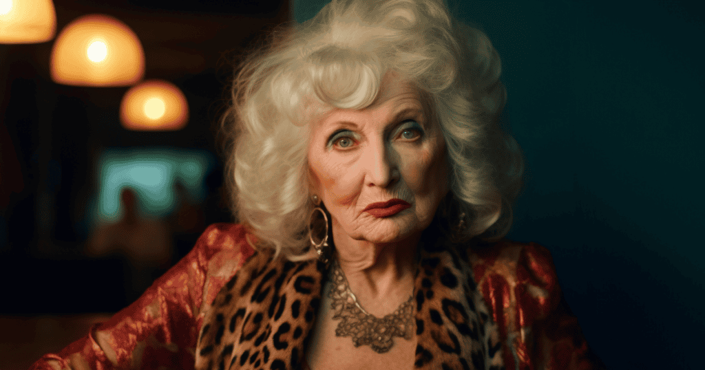 An older woman dressed in bold leopard print and jewelry stares directly ahead, symbolizing the SPIN model’s first step of status in narcissistic behavior.