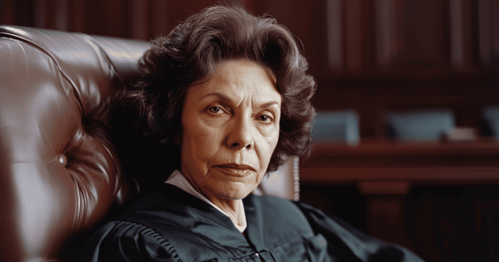 A stern woman in a judge’s robe sits in a courtroom chair, symbolizing the SPIN model’s second step of power in narcissistic behavior.
