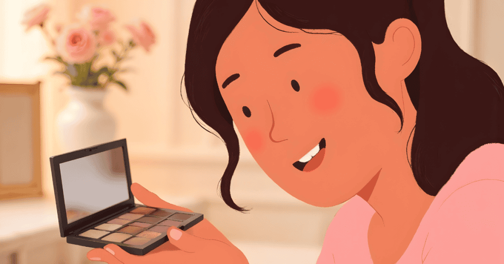 An illustrated woman smiles while holding a makeup palette, as if encouraging herself kindly, capturing the reminder to talk to yourself like a friend with warmth and compassion.