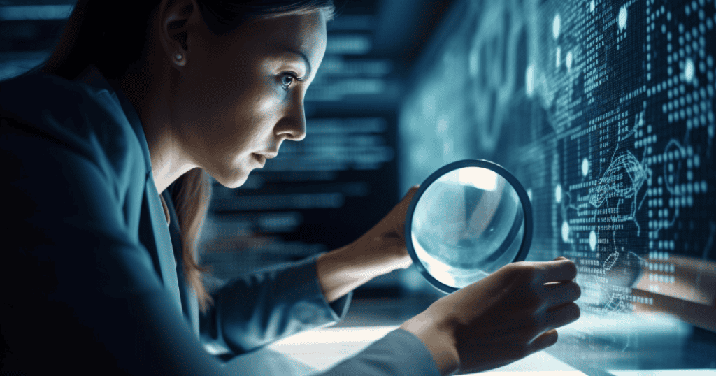 A focused woman examines a digital screen with a magnifying glass, symbolizing the importance of closely observing how someone responds when you set clear boundaries.