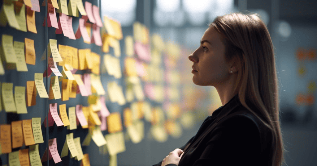 A woman studies a wall covered in colorful sticky notes, representing the careful evaluation needed to see whether someone takes responsibility for their actions.