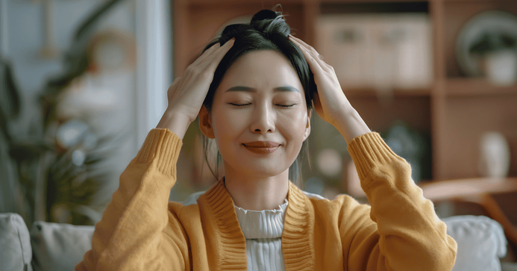 A calm woman sits with her hands resting gently on her head, eyes closed, and a peaceful smile on her face, capturing the essence of the best mental health advice she embraced after narcissists: finding inner calm and self-soothing strength.